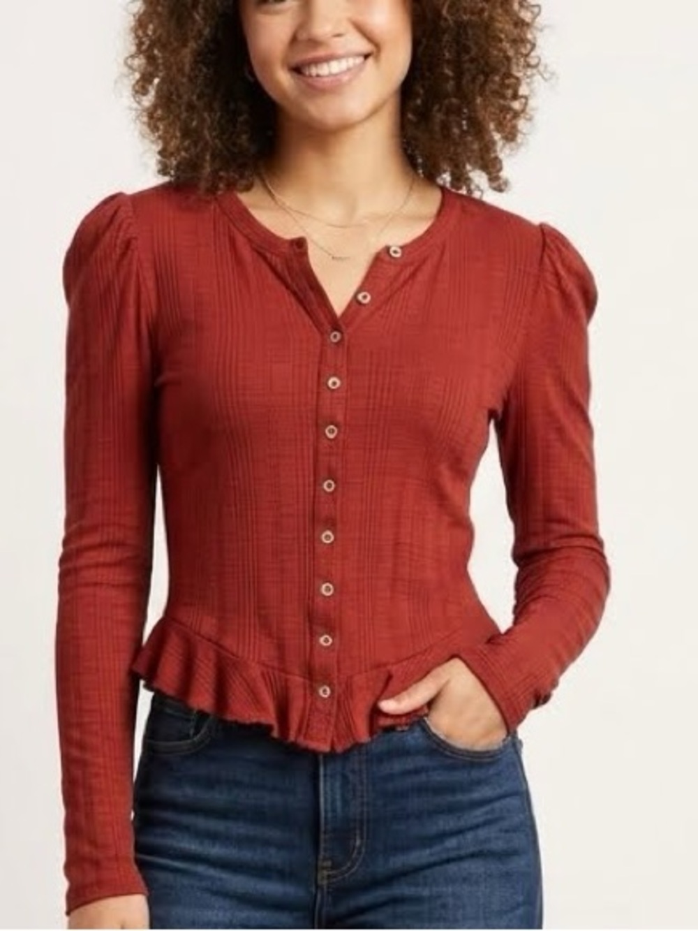 Anthropologie Pilcro Rust Red Ribbed Puff Sleeve Button Up Cardigan Small